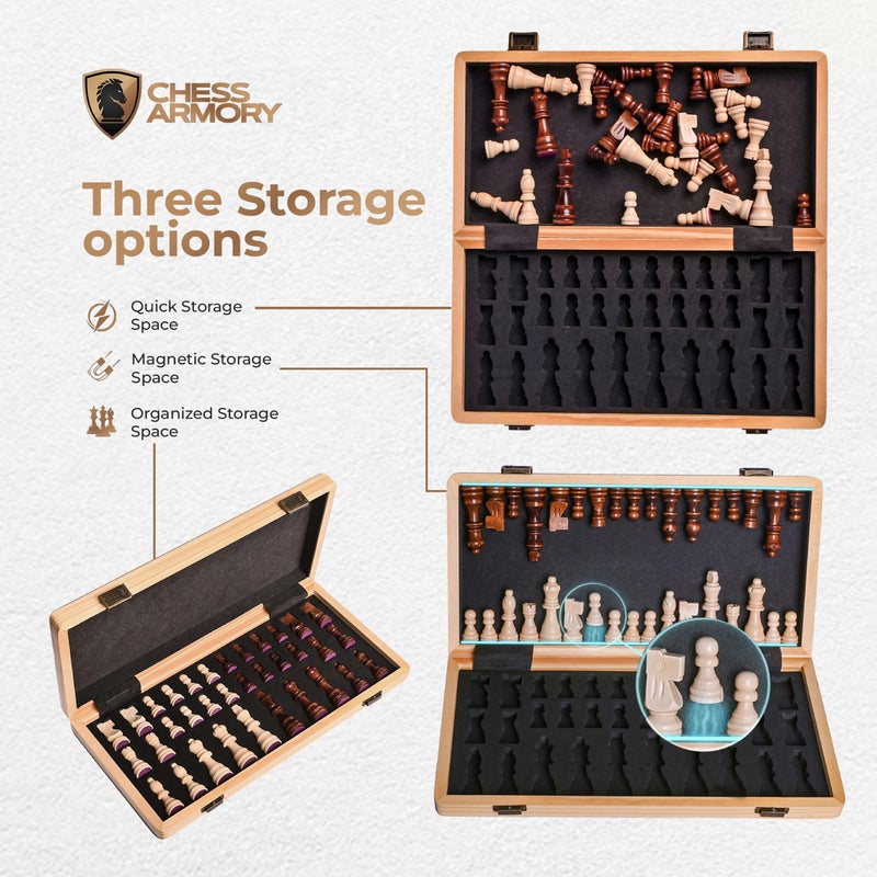 Chess Armory 15 Inch Magnetic Wooden Chess Set for Adults & Kids - Folding Travel Chess Board with Handcrafted Staunton Pieces, Extra Queens, and Storage Slots - Image 4